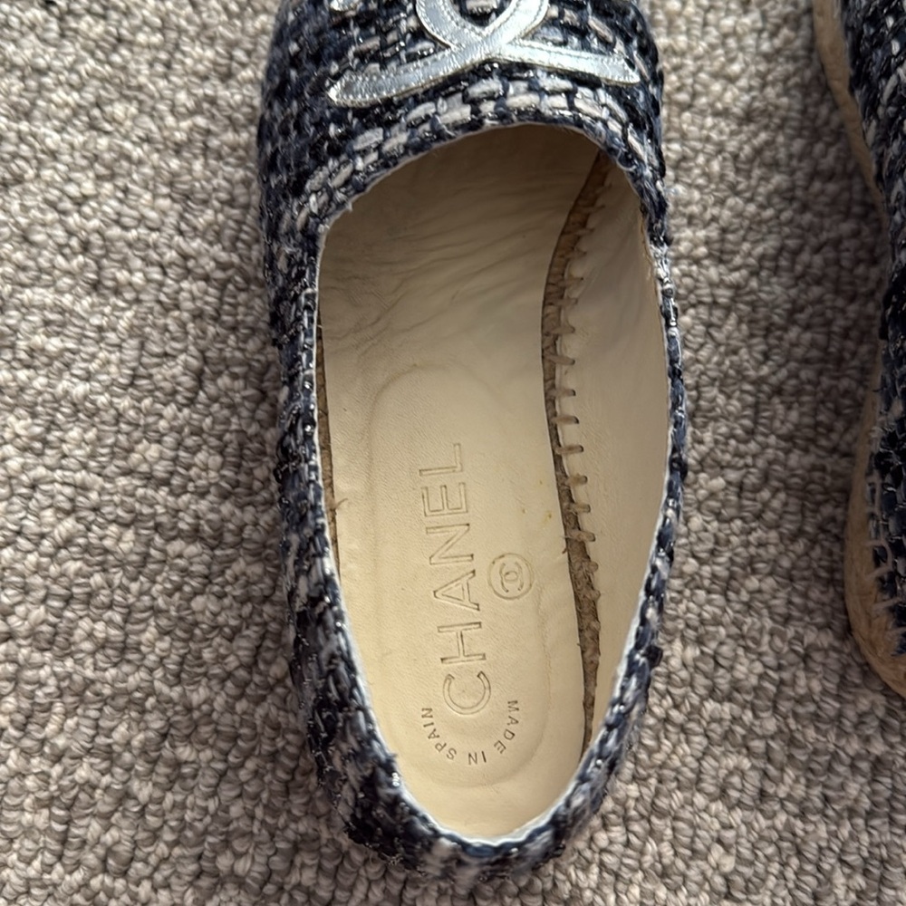 Chanel Espadrilles Tweed Blue Black Sliver Shoes 36 - Picture 5 of 12